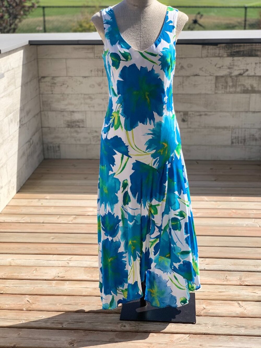 Vintage Y2K Asymmetrical Bias Cut Floral Midi Dress 12 Blue White Sheer Romantic
